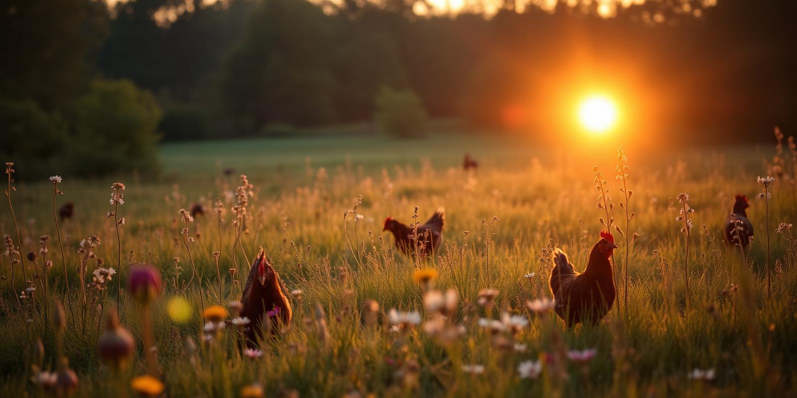 Hens grazing in a wildflower paddock at golden hour